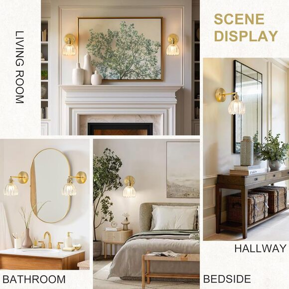 Wall Sconces Set of Two Hardwired, Vintage Sconce Light -Tulip Transparent Glass - Picture 8 of 8